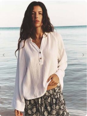 Xirena Arielle Long Sleeve Crinkle Gauzy Popover XS White Beach Coastal Flowy